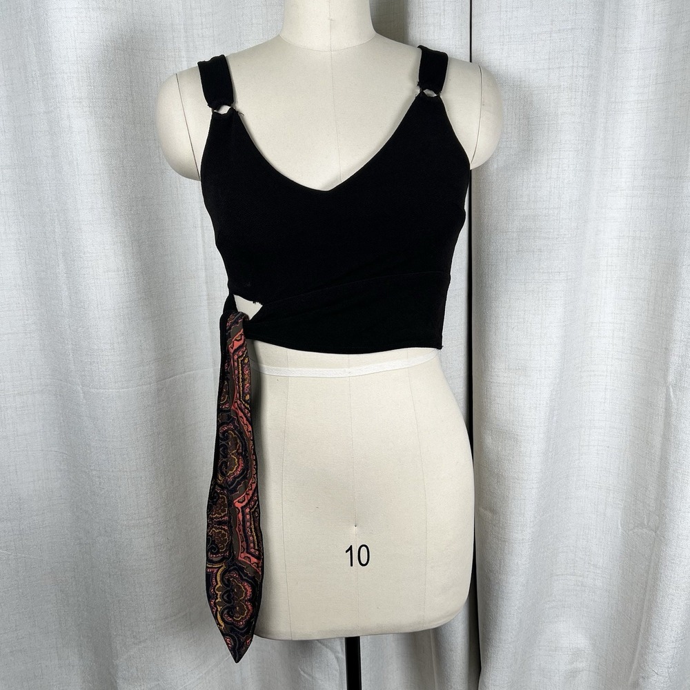 Free People Paisley Pop V-Neck Tank Cropped Women's Size XS Black Wrap Tie Waist